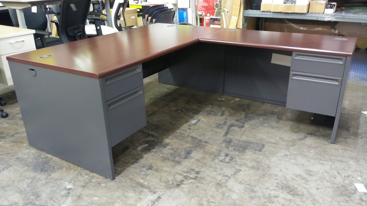 Hon Steel L Shaped Desk 38000 Series In Mahogany Charcoal A M